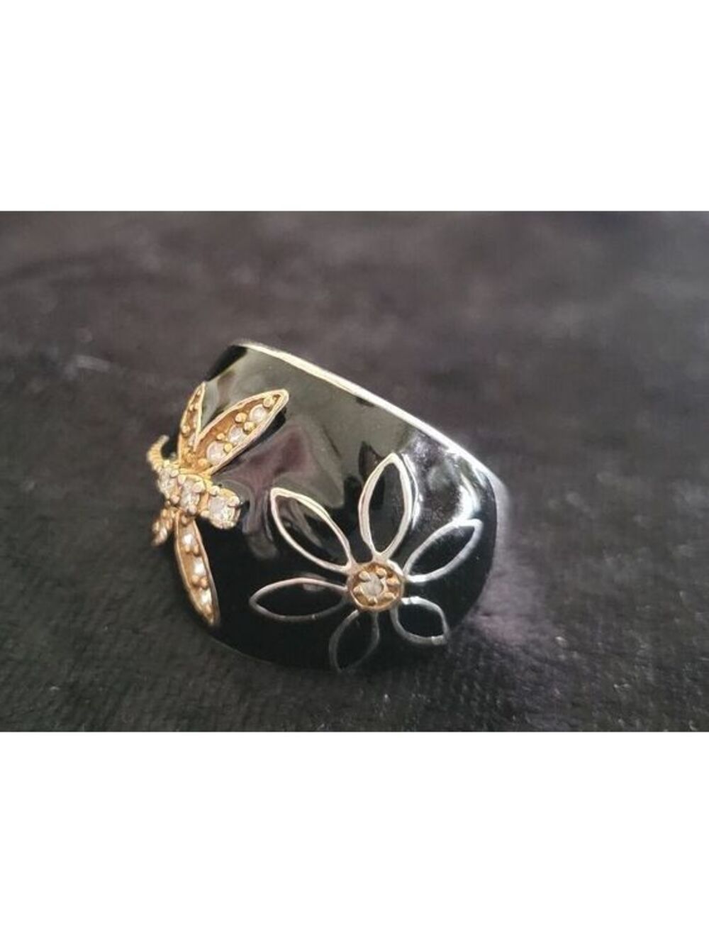 Vintage 925 Dragonfly and Flower Dome-Style Ring